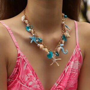 Bohemian Faux Pearl Blue Shell Beach Themed Pendant Necklace Starfish Seahorse